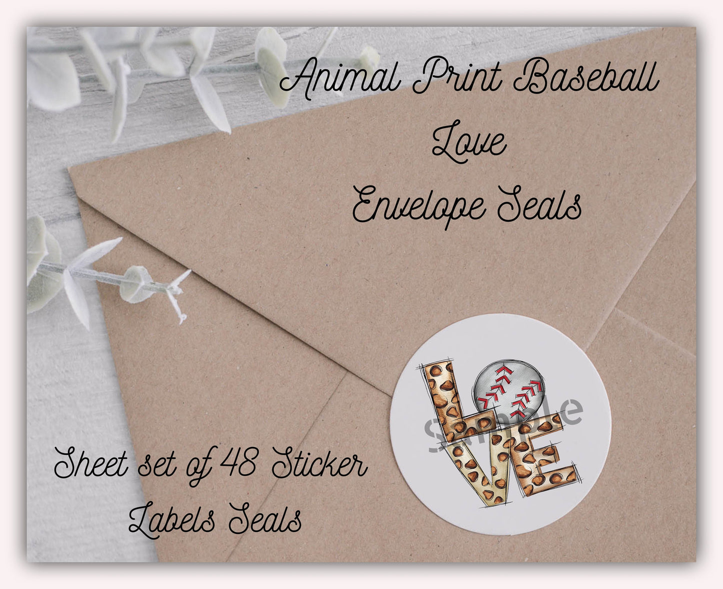 For The Love Of Baseball Animal Cheetah Print Heart Envelope Seals Labels Stickers Set of 48