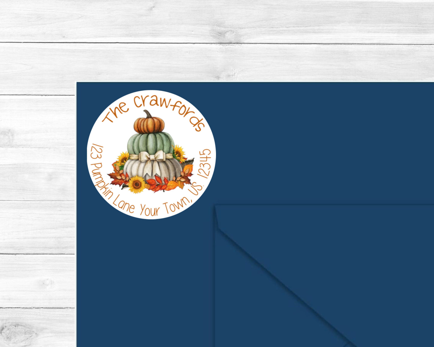 Stacked Pumpkin Gourds Sunflowers Fall Autumn Thanksgiving Round Return Address Labels Mailing Stickers Personalized