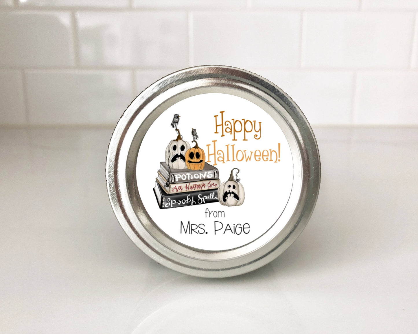 Pumpkin Books Scary Spooky Spells Crows Potion Halloween Library Teacher Student Sticker Label Happy Halloween Gift Tag Round Candy Sticker