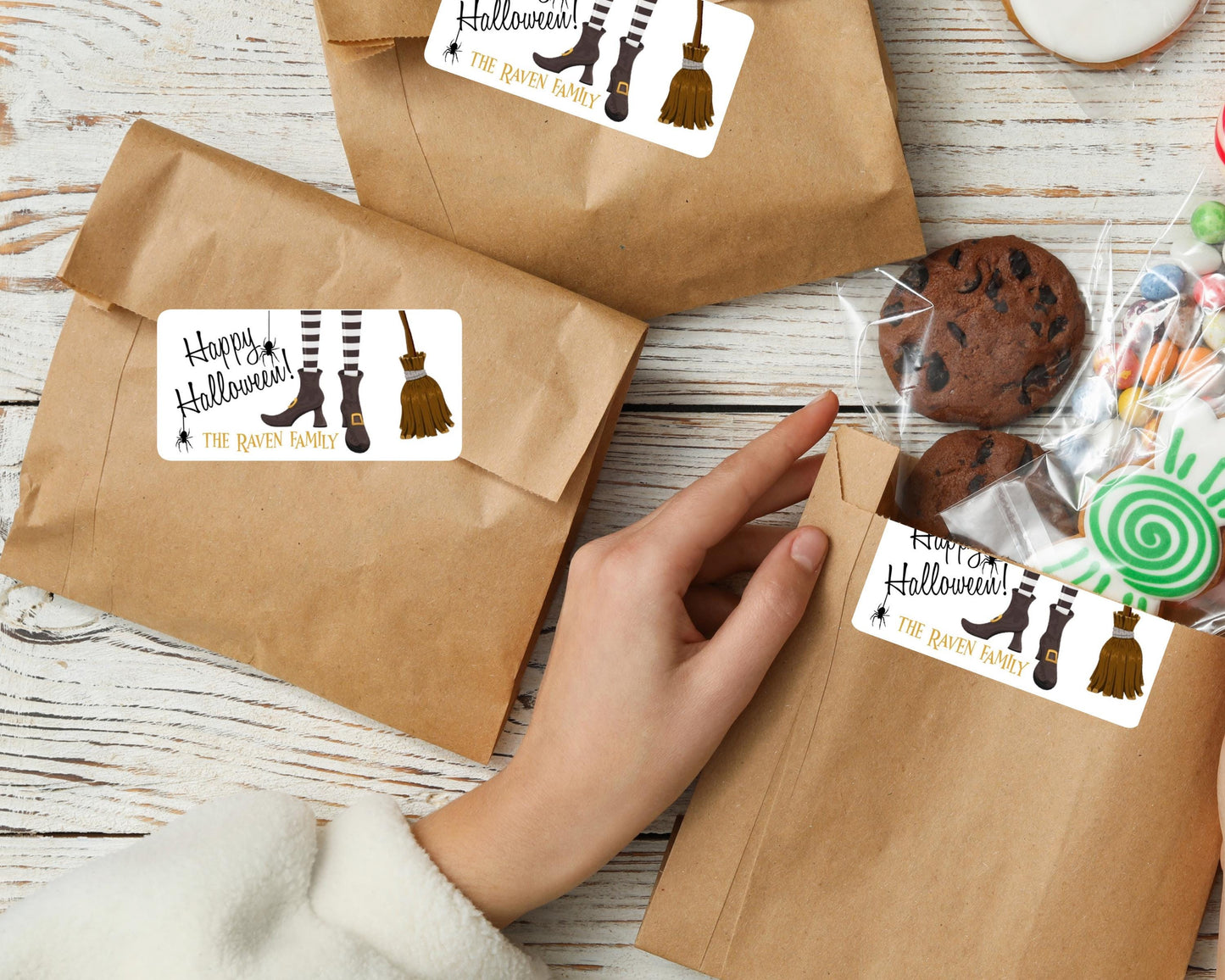 Happy Halloween Witches Legs Feet Broom Black Spiders Spiders Gift Tag Treat bag Party Favor Stickers Labels Sheet of 10