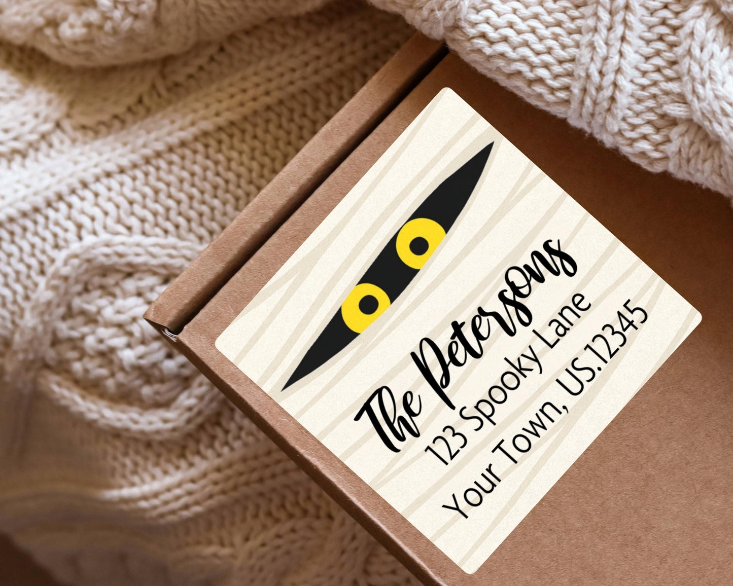 Mummy Halloween Address Labels Spooky Cute Yellow Eyes Halloween Mail Stickers Personalized Return Address Labels Square Mailing Stickers