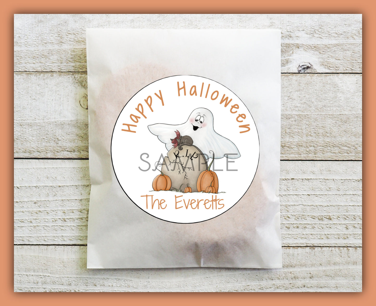 Whimsical Ghost R.I.P. Grave Yard Stone Halloween Circle Round Stickers Labels Gift Giving Party Favor Treat Bags