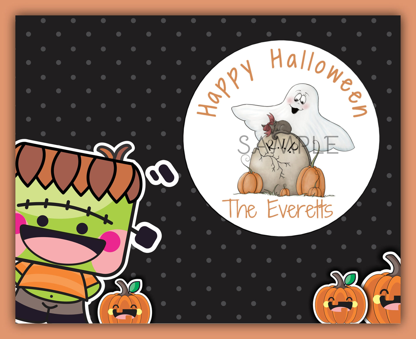 Whimsical Ghost R.I.P. Grave Yard Stone Halloween Circle Round Stickers Labels Gift Giving Party Favor Treat Bags