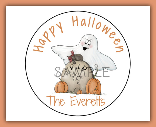 Whimsical Ghost R.I.P. Grave Yard Stone Halloween Circle Round Stickers Labels Gift Giving Party Favor Treat Bags