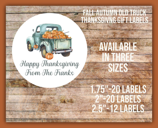 Thanksgiving Personalized Autumn Fall Truck Old Pickup Pumpkins Gift Giving Large Circle Sticker Labels 3 sizes