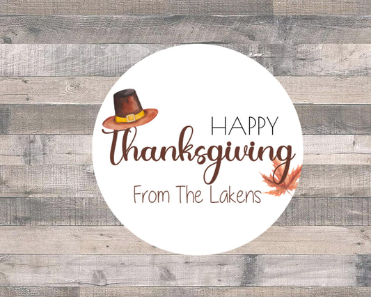 Personalized Happy Thanksgiving Pilgrim Hat Fall Autumn Gift Giving Party Favor Tag Circle Round Label Sticker