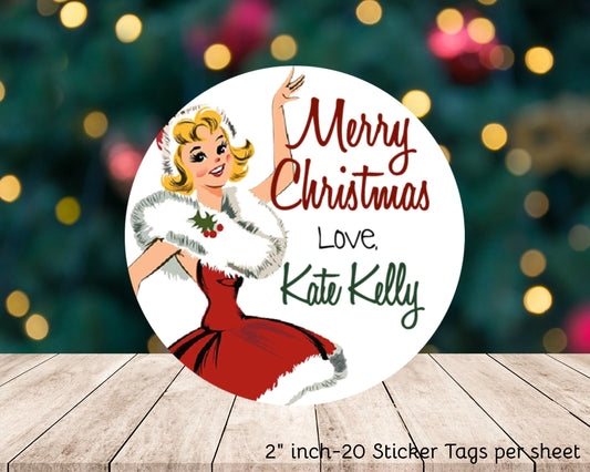 2" Round Personalized Christmas Labels Gift Tag Vintage Retro Girl Santa Party Favors Gift Giving Tags To From Tags Stickers Labels