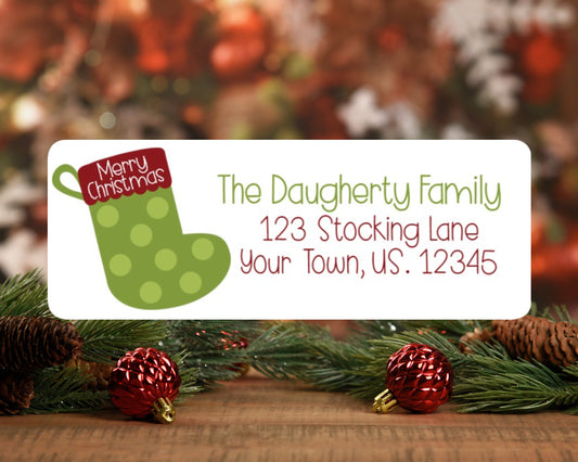Personalized Red Green Polka Dot Merry Christmas Stocking Holiday Return Address Mailing Labels Stickers Sheet of 30