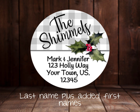 Personalized Grey Gray Buffalo Check Plaid Gingham Christmas Holiday  Holly 2" Round Return Address Mail Label Stickers  Sheet of 20