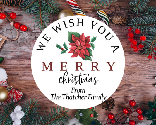 Personalized Custom We Wish You A Merry Christmas Poinsettia Gift Giving Holiday Labels Stickers Party favors Gift Tags Multiple Sizes