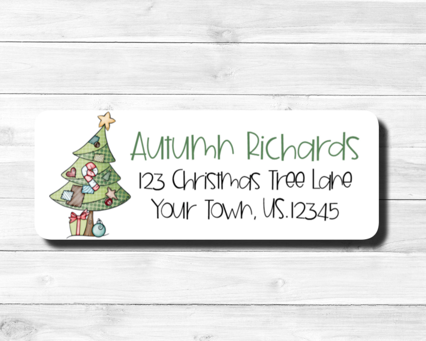 Whimsical Patchwork Leaning Christmas Tree Return Address Labels Stickers Sheet of 30