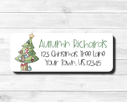 Whimsical Patchwork Leaning Christmas Tree Return Address Labels Stickers Sheet of 30