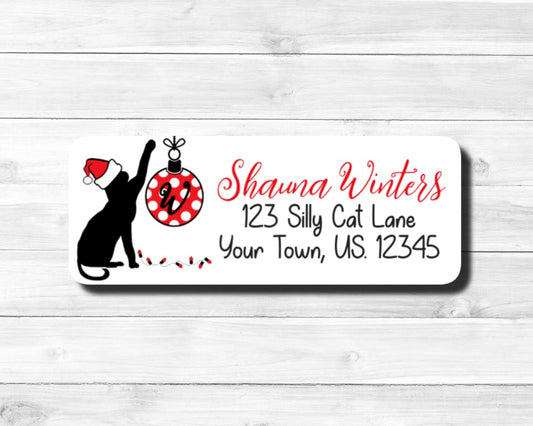 Silhouette Christmas Cat Kitten Kitty Santa Hat Monogram Ornament  Red Polka Address Mailing Stickers Labels Personalized Custom Sheet of 30