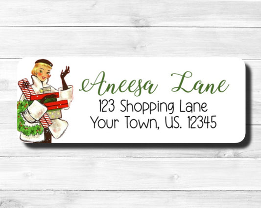 Vintage Christmas Shopping  Lady With Wreath Gifts Presents Retro Fifties 50's Return Address Labels Mailing Stickers Sheet of 30