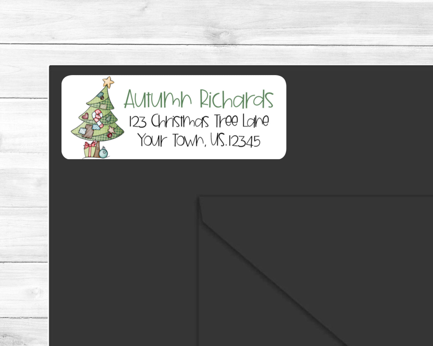 Whimsical Patchwork Leaning Christmas Tree Return Address Labels Stickers Sheet of 30