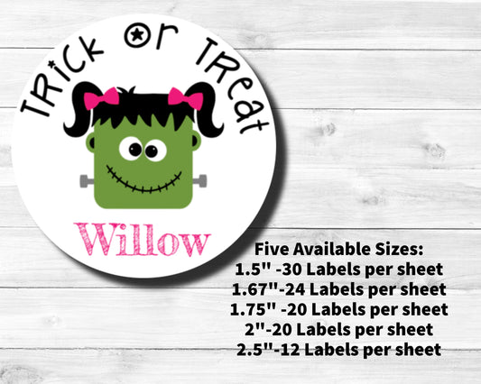 Halloween Labels Stickers Trick Or Treat Bag Girl Frankenstein Happy Halloween Party Favors Goodie Bags Class Name Labels Multiple Sizes