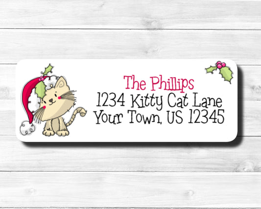 Personalized Christmas Cat Kitty Kitten Cat Feline Holly Pet Holiday Festive Return Mailing Address Labels Stickers sheet of 30