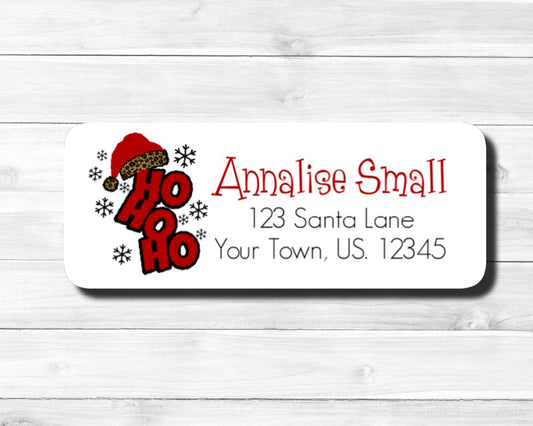 HO HO HO Leopard Animal Print Santa Hat Christmas Holiday Return Address Label Stickers Sheet of 30