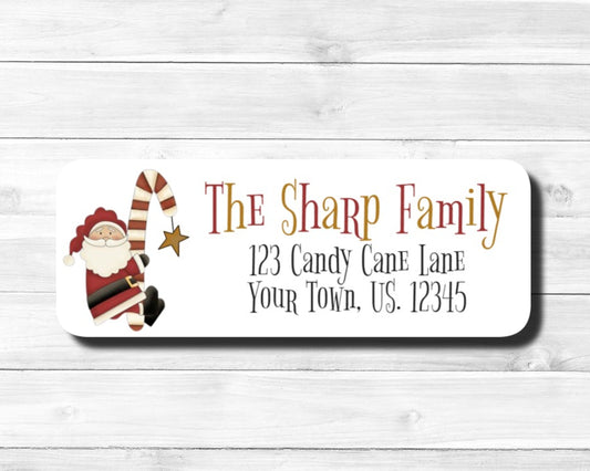 Primitive Candy Candy Star Santa Claus St. Nick Santa on Candy Cane Prim Holiday Return Address Mailing Labels Stickers Sheet of 30
