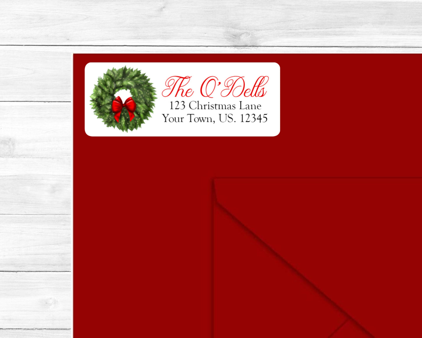 Winter Christmas Wreath Red Bow Lights Evergreen Pine Tree Branch Personalized Custom Holiday Return Address Labels Stickers Sheet of 30