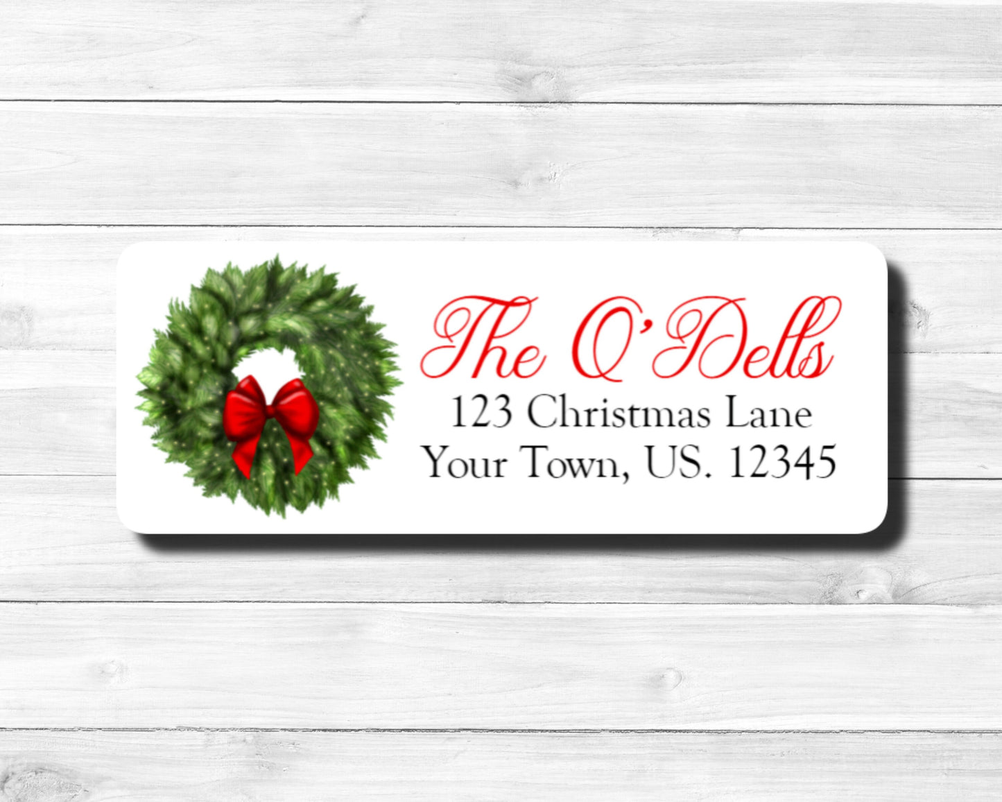 Winter Christmas Wreath Red Bow Lights Evergreen Pine Tree Branch Personalized Custom Holiday Return Address Labels Stickers Sheet of 30