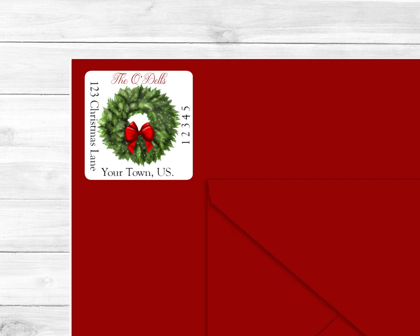 Winter Christmas Wreath Red Bow Lights Evergreen Pine Tree Branch Square Elegant Custom Holiday Return Address Labels Stickers Sheet of 24