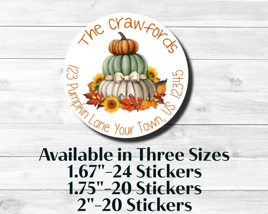 Stacked Pumpkin Gourds Sunflowers Fall Autumn Thanksgiving  Round  Return Address Labels Mailing Stickers Personalized