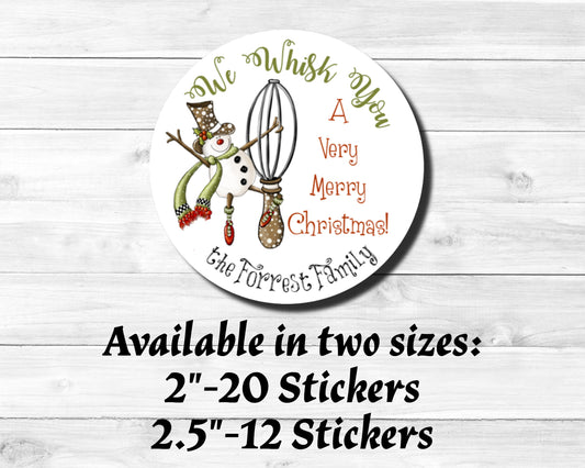 We Whisk You A Very Merry Christmas Snowman with Scarf  Whisk  Personalized Baking Baked Goods Kitchen Labels Stickers  Box Label Stickers