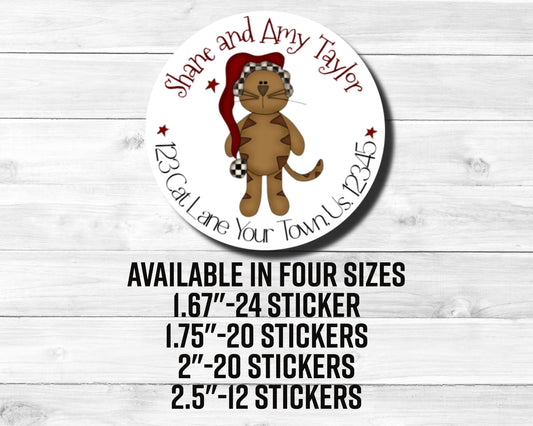 Round Primitive Cat Kitten Kitty Prim Santa Hat Winter Cat Feline Personalized Return Address Labels Mailing Stickers Multiple Sizes