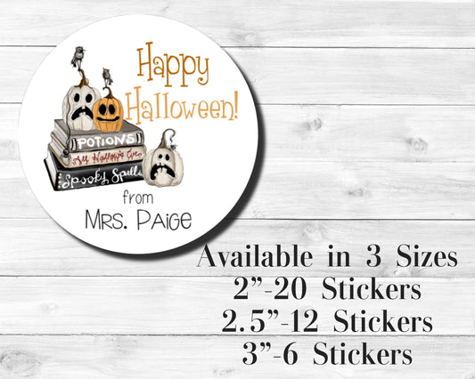 Pumpkin Books Scary Spooky Spells Crows Potion Halloween Library Teacher Student  Sticker Label Happy Halloween Gift Tag Round Candy Sticker