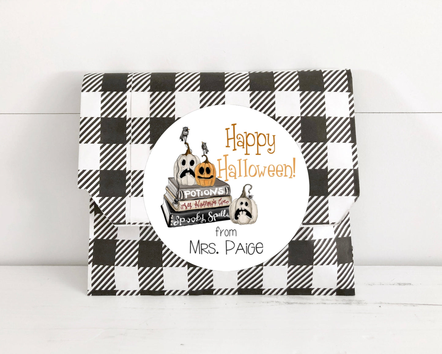 Pumpkin Books Scary Spooky Spells Crows Potion Halloween Library Teacher Student  Sticker Label Happy Halloween Gift Tag Round Candy Sticker