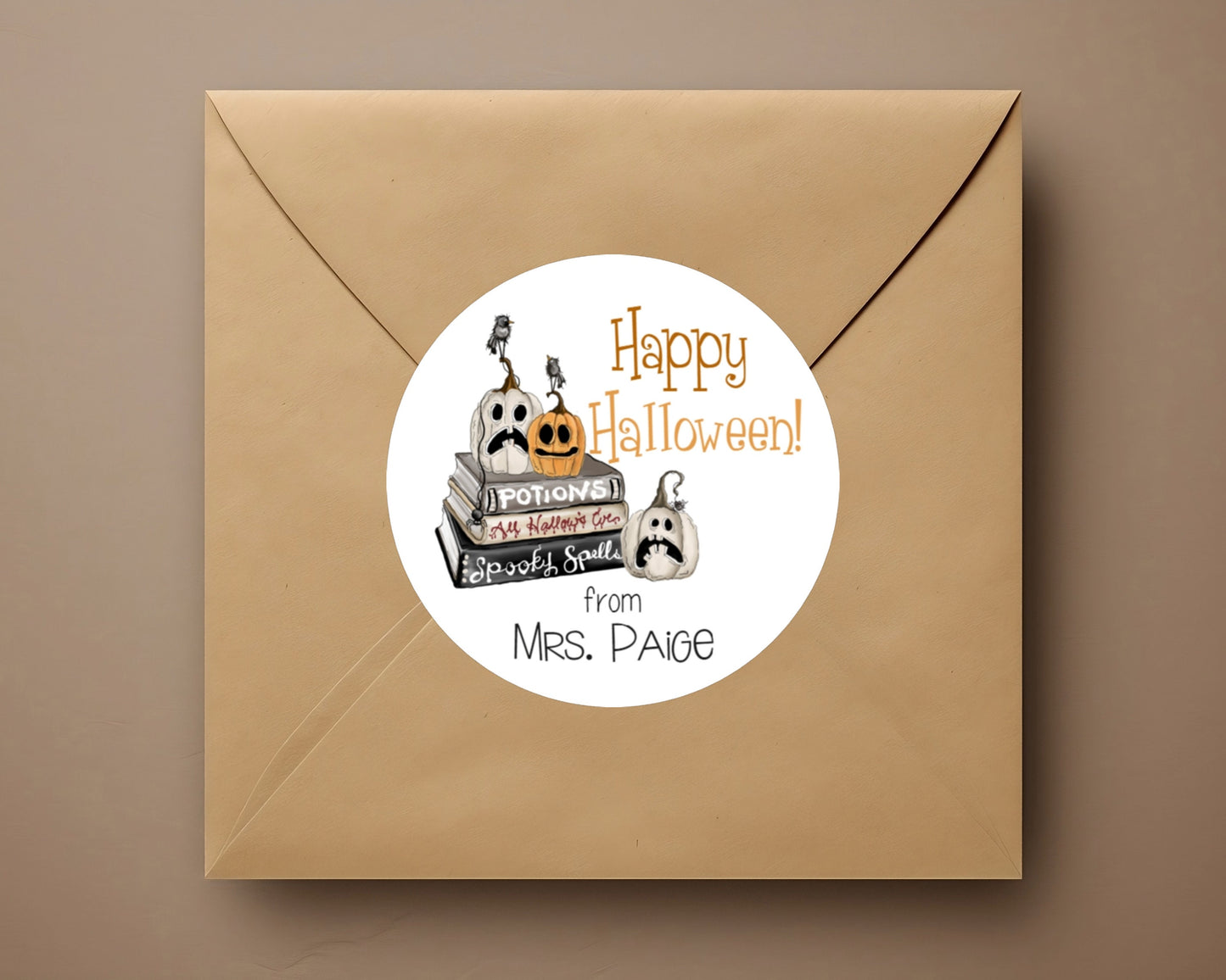 Pumpkin Books Scary Spooky Spells Crows Potion Halloween Library Teacher Student  Sticker Label Happy Halloween Gift Tag Round Candy Sticker