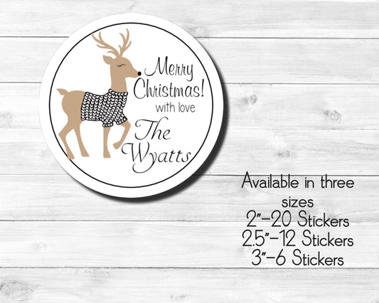 Winter Reindeer Deer Fawn Wearing Sweater Christmas Gift Tags Gifts Labels Party Personalized Round Stickers For Gifts Canning Jar Labels