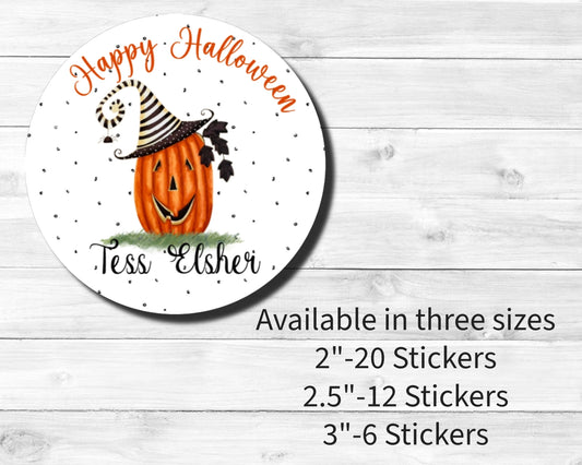Happy Halloween Labels and Stickers Fall Prim Primitive Pumpkin Wearing Witches Hat Gift Giving Tag Goodie Bag Tags Round Multiple Sizes