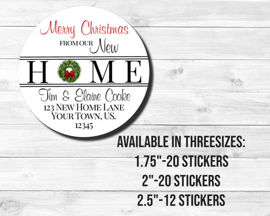 Merry Christmas From Our New Home Wreath Farmhouse Winter Round Address Mailing Stickers Labels Personalized Multiple Sizes