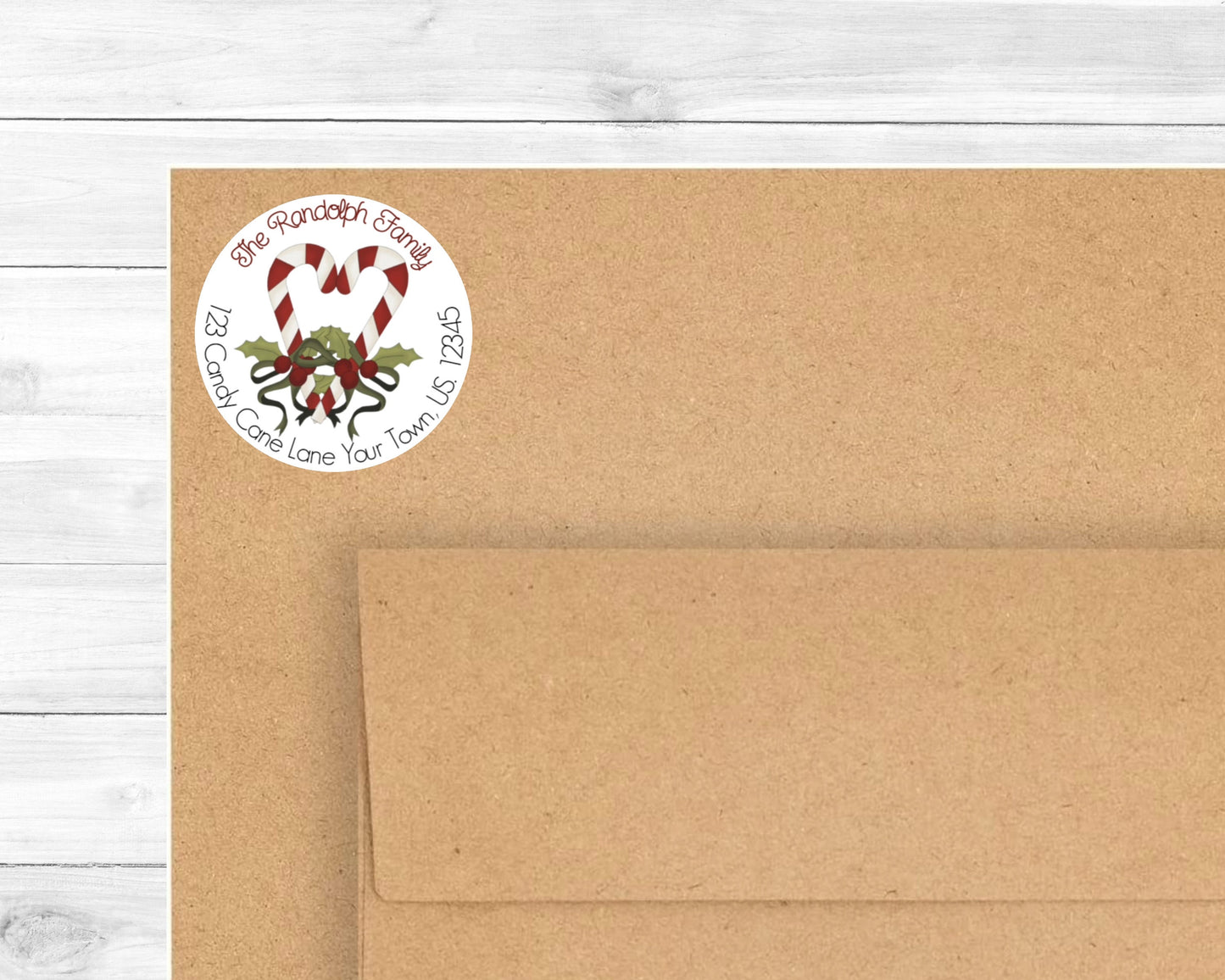 Two Christmas Candy Canes Heart Holly Holiday Personalized Round Circle Return Address Labels Stickers Multiple Sizes