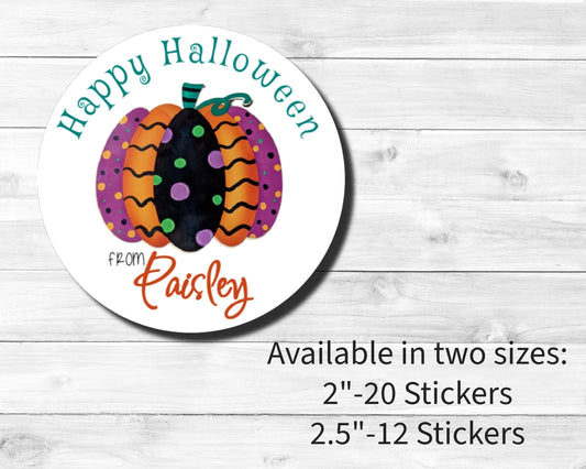 Happy Halloween Funky Pumpkin Polka Dots Chevron Purple Orange Green Labels Stickers Class Party Favor Gift Tags Goodie Bag Multiple Sizes
