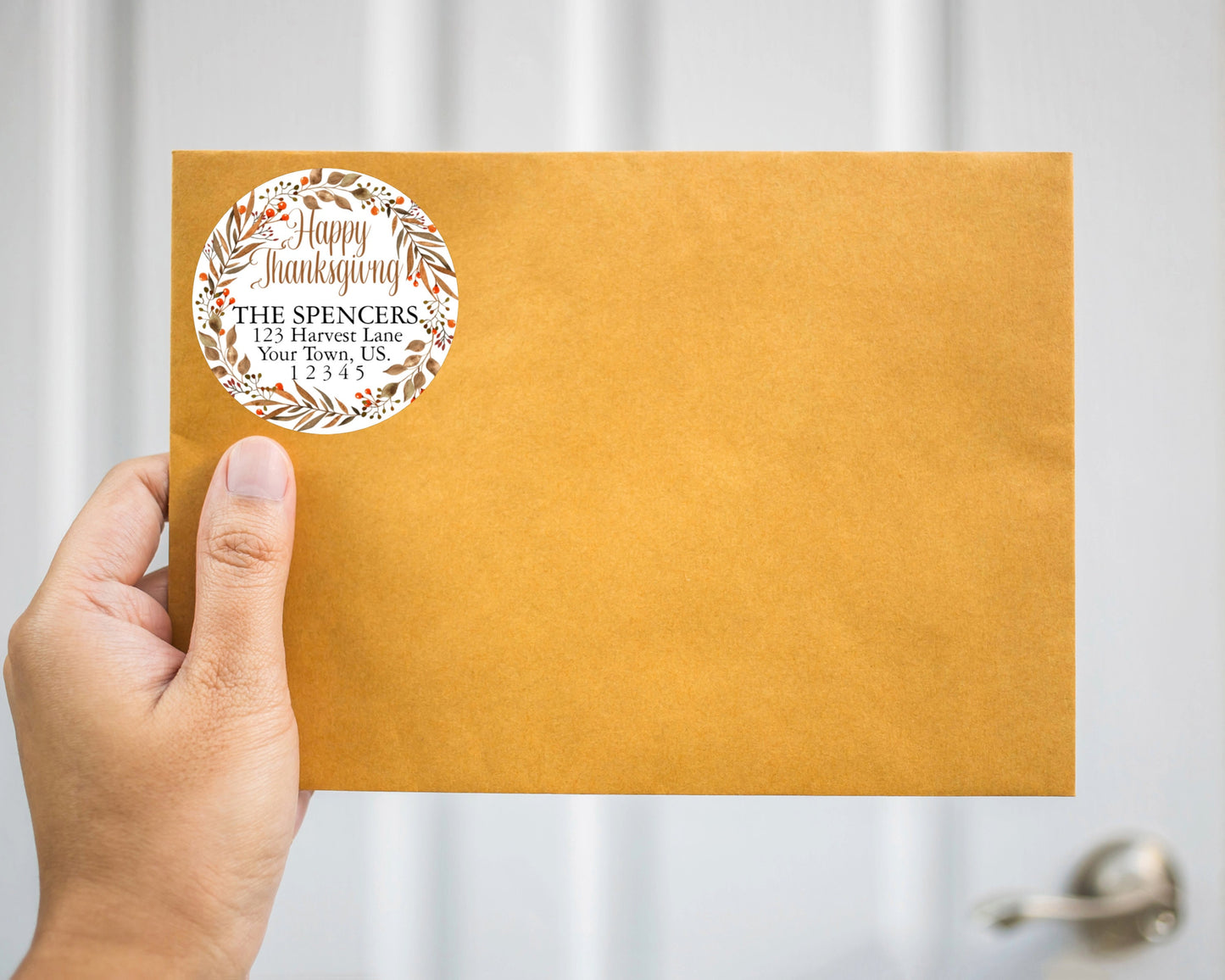 Autumn Harvest Fall Leaf Berry Happy Thanksgiving  Wreath  Round  Return Address Labels Mailing Package Stickers Personalized