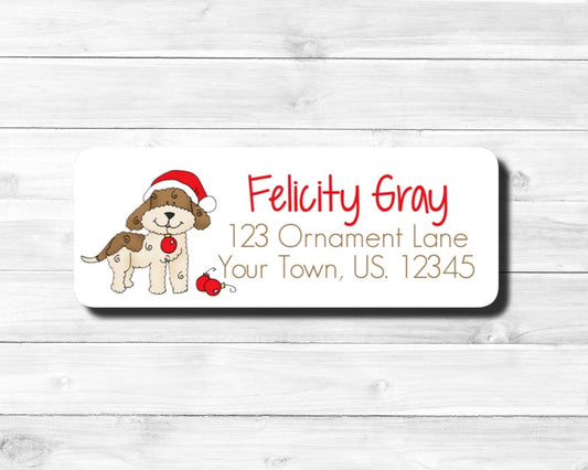 Santa Hat Wearing Puppy Dog Doggie With Christmas Ornaments  Personalized  Return Address Labels Mailing Stickers Sheet of 30