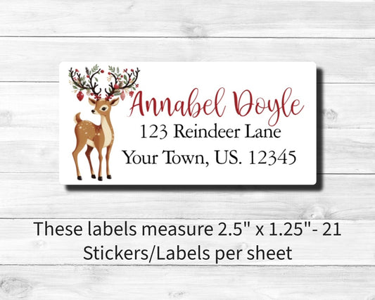 Elegant Reindeer Deer with Hanging Christmas Ornaments on Antlers Holiday Personalized Return Address Labels Sheet of 21