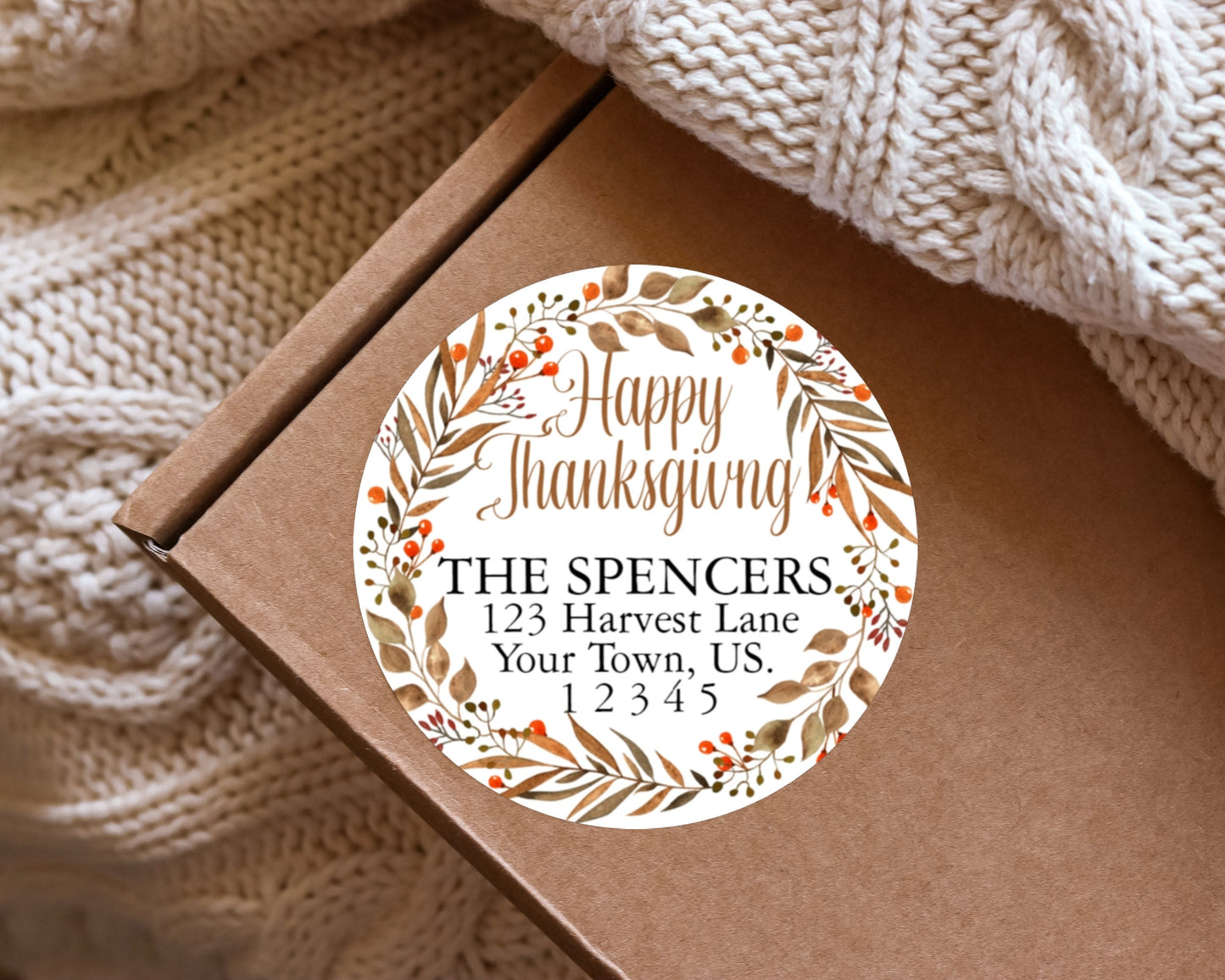 Autumn Harvest Fall Leaf Berry Happy Thanksgiving  Wreath  Round  Return Address Labels Mailing Package Stickers Personalized