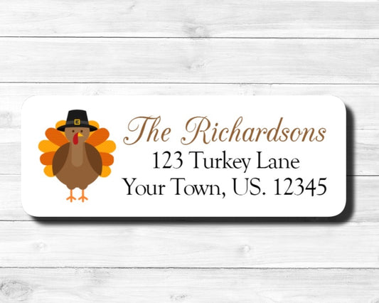Personalized Custom Thanksgiving Turkey Wearing Pilgrims Hat Fall Autumn Harvest  Return Address Label Stickers Sheet Set of 30