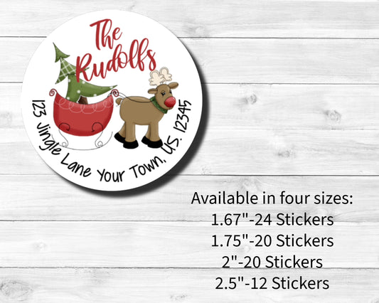 Country Christmas Reindeer Deer Sleigh Tree Primitive Holiday Personalized Round Circle Return Address Labels Stickers Multiple Sizes
