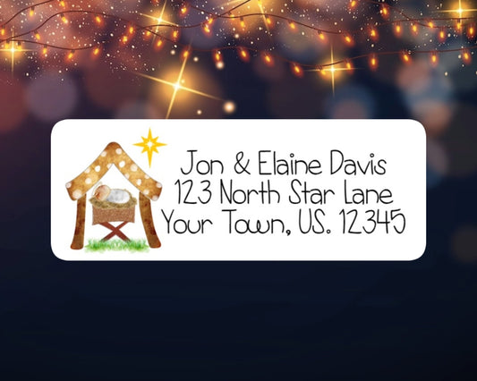 Personalized Away In A Manger Nativity Scene Christmas Holiday Baby Jesus North Star Religious Return Address Labels Stickers Sheet of 30