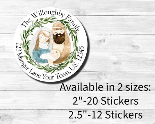 Watercolor Nativity Wreath Baby Jesus Manger Christmas  Gift Tag Personalized Round Circle Return Address Labels Stickers Multiple Sizes