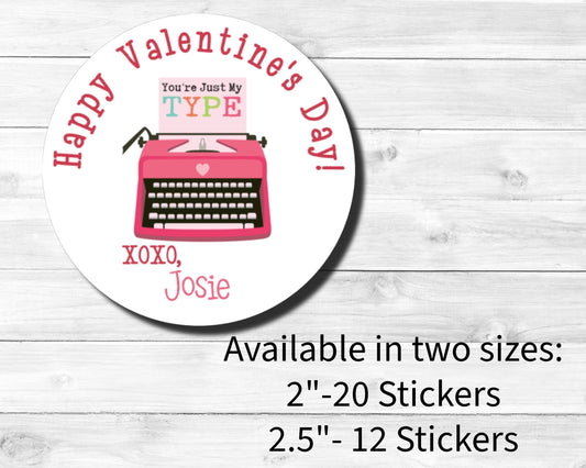 Personalized You're Just My Type Happy Valentine's Day  Pink Typewriter Heart Kids Class Party Favors Label Stickers Multiple Sizes