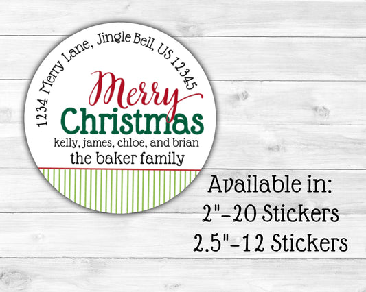 Merry Christmas Red Green Script Holidays Family Names Stripes Round Circle Return Address Labels Stickers Multiple Sizes