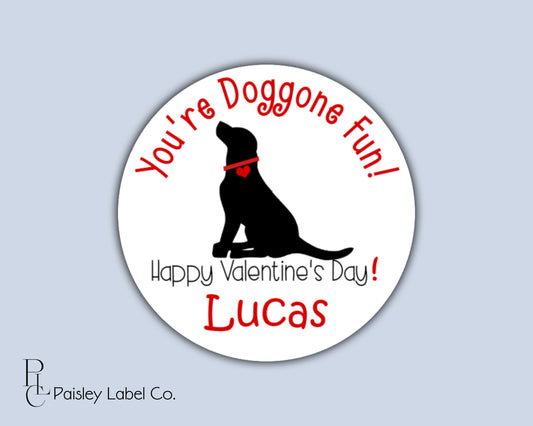 Valentine's You're Doggone Fun! Dog Puppy Heart Collar Valentines Day Hanging Kids Class Party Favors Label Stickers Gift Giving Stickers