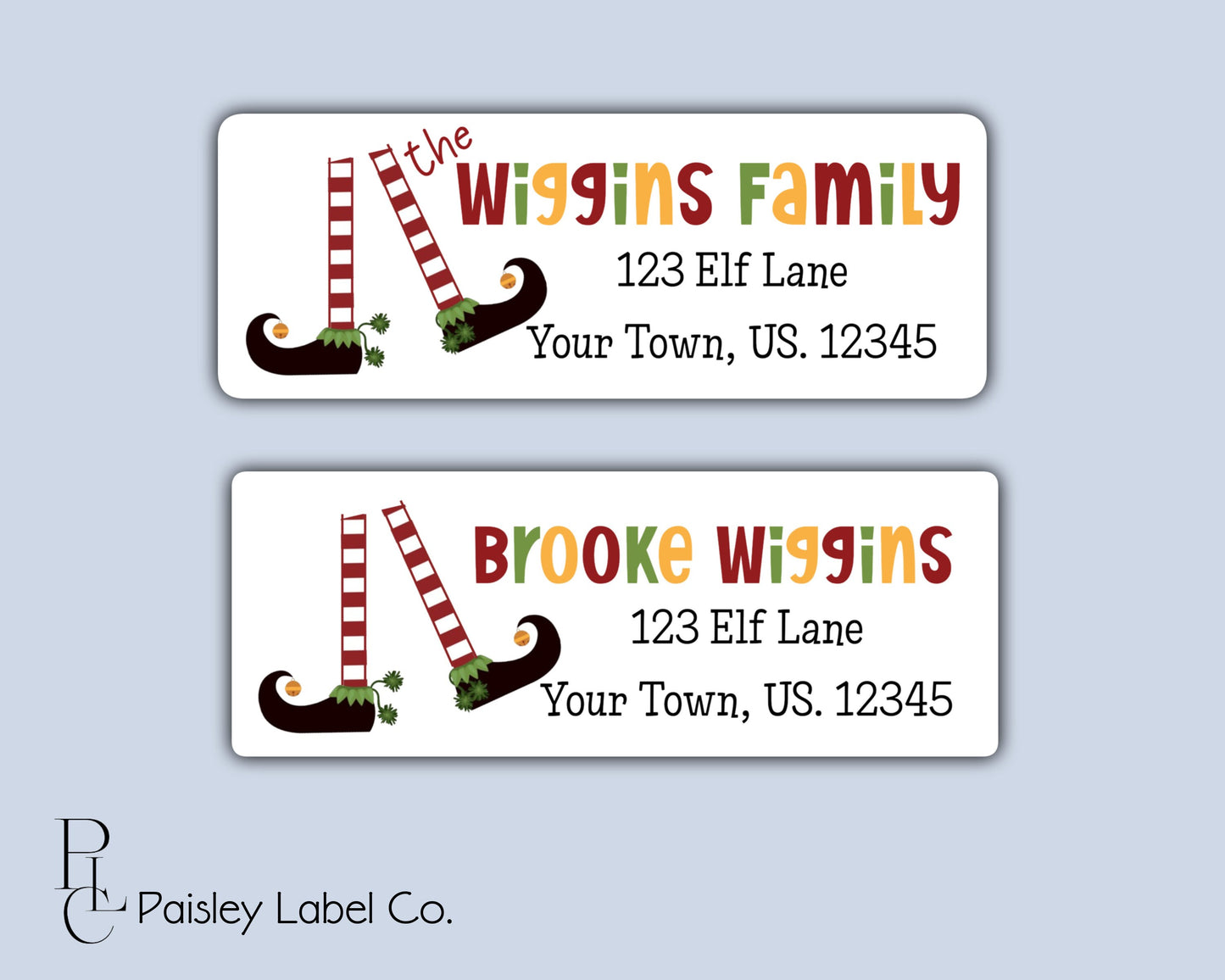 Whimsical Christmas Elf Feet Legs Red Green Holiday Personalized Return Address Labels Mailing Stickers Set of 30