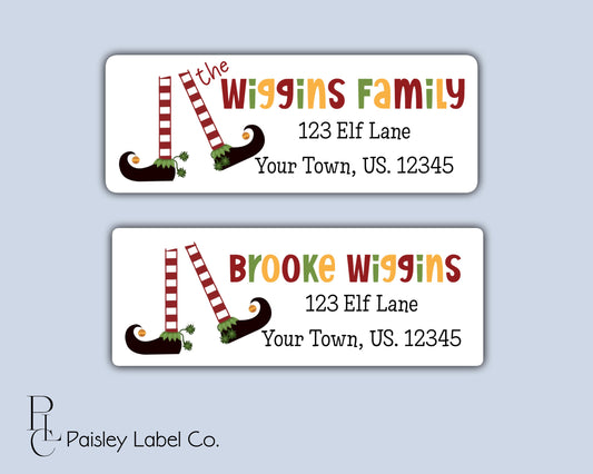 Whimsical Christmas Elf Feet Legs Red Green Holiday Personalized Return Address Labels Mailing Stickers Set of 30